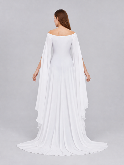 White Dress with a Square Neckline and Wide Sleeves