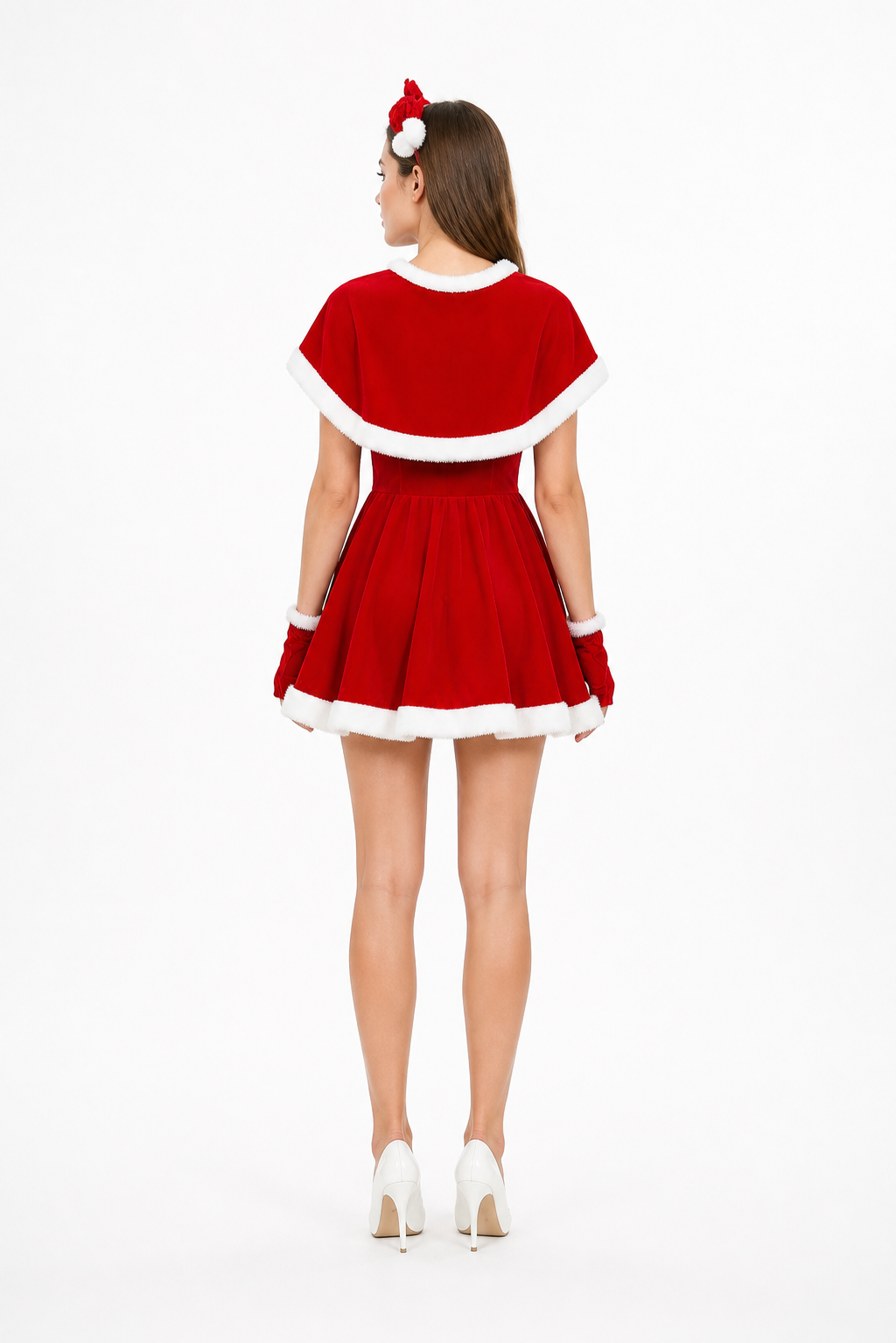 New Year's Costume with Cape and Red Dress back view