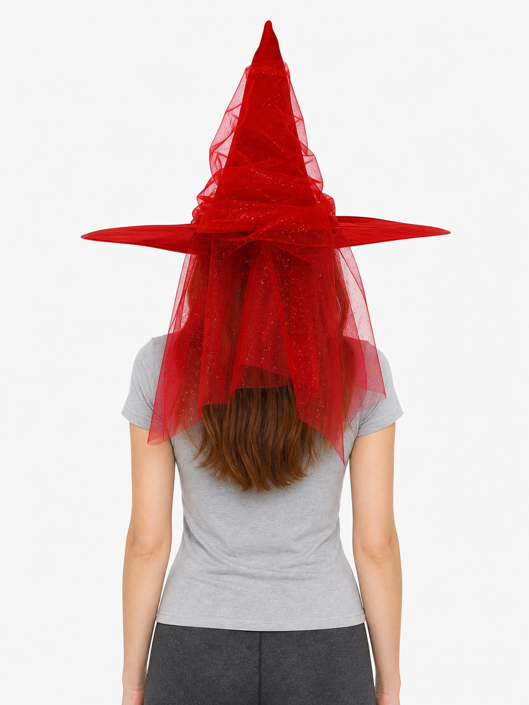 1pc Red Halloween Witch Hat with Very Tall Pointed Crown, Extra-Wide Floppy Brim and Sheer Glitter-Speckled Overlay for Cosplay Parties