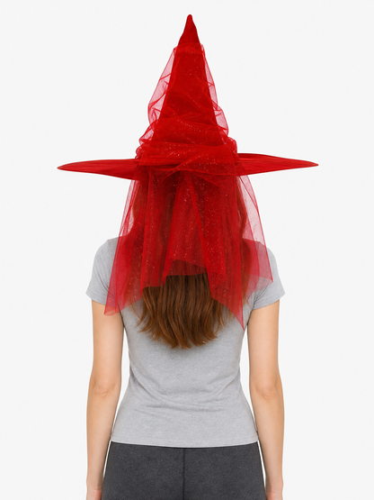 1pc Red Halloween Witch Hat with Very Tall Pointed Crown, Extra-Wide Floppy Brim and Sheer Glitter-Speckled Overlay for Cosplay Parties