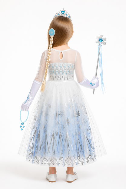 Snow Queen Costume with Dress, Crown, and Wand back view