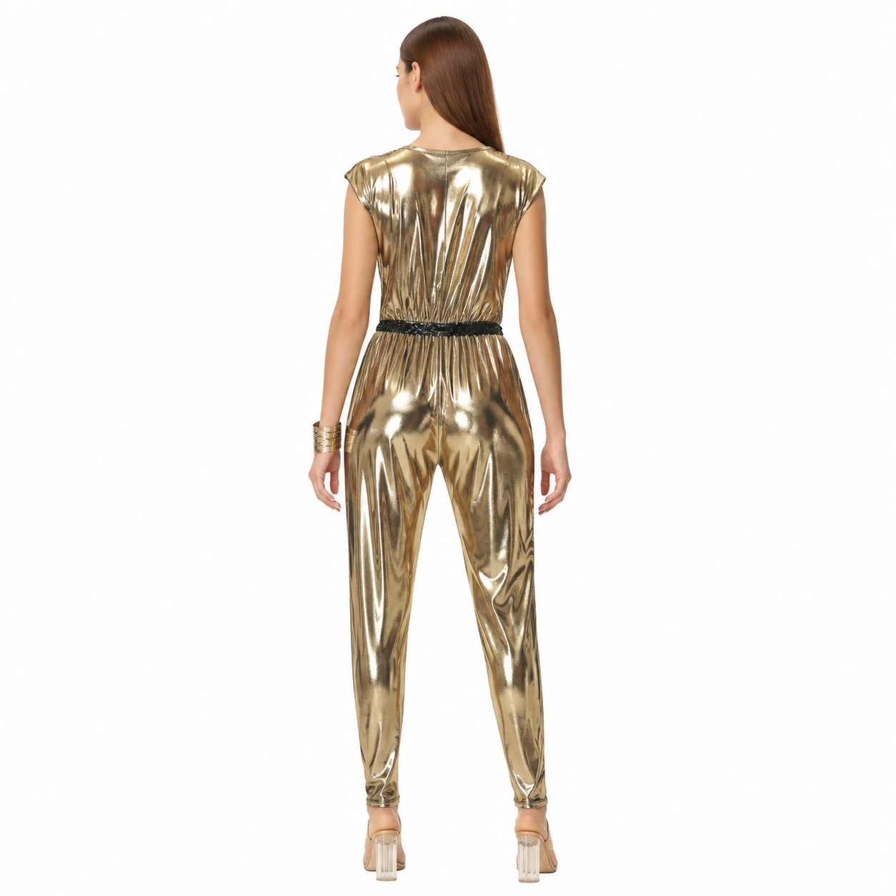 Gold Sleeveless Jumpsuit with V-Neck back view