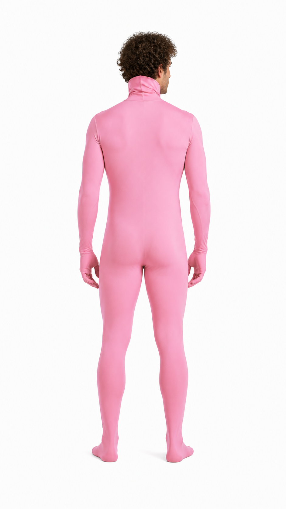 Pink one-piece zentai jumpsuit with an integrated hood back view
