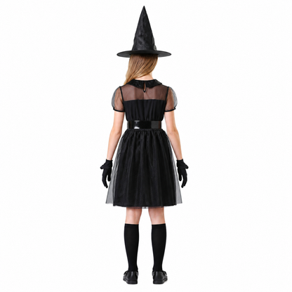 Children's black witch costume with a mesh skirt back view