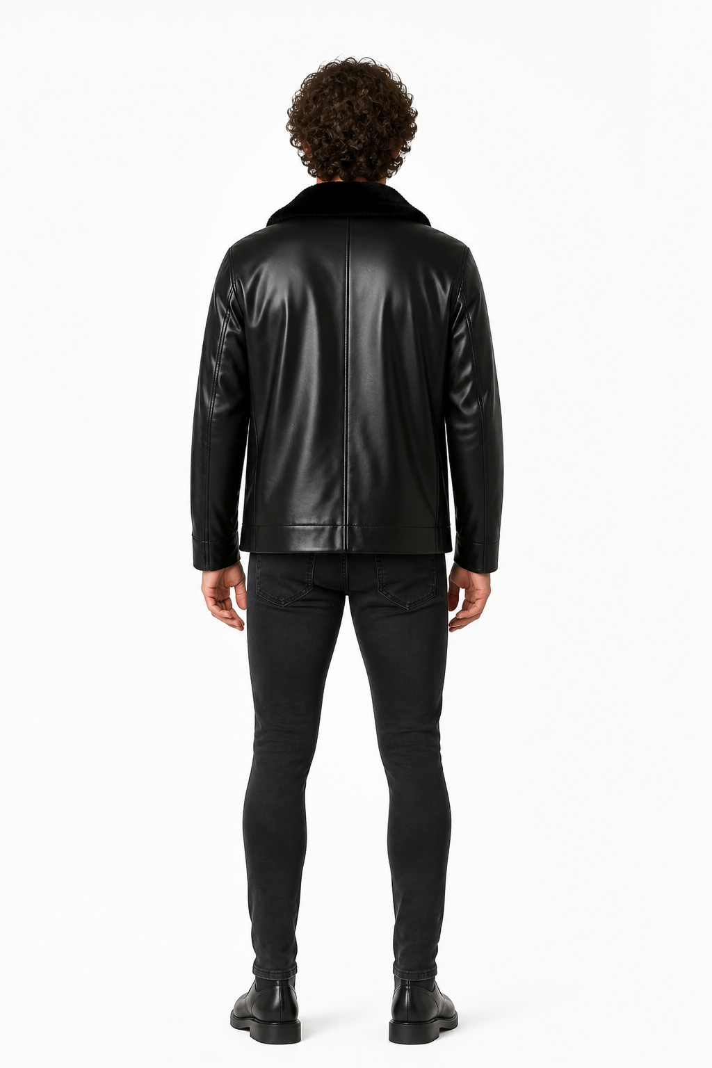 Black Jacket with a Wide Fur Collar back view