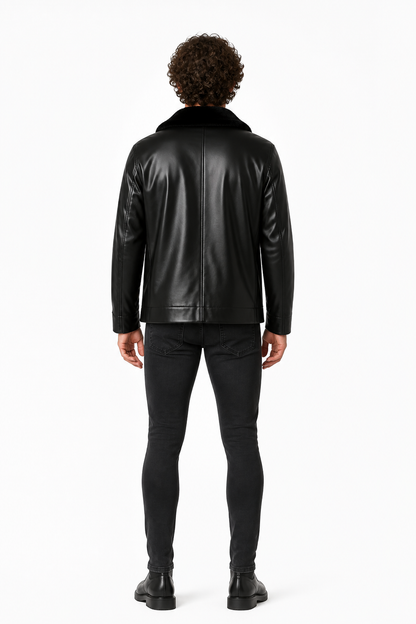 Black Jacket with a Wide Fur Collar back view