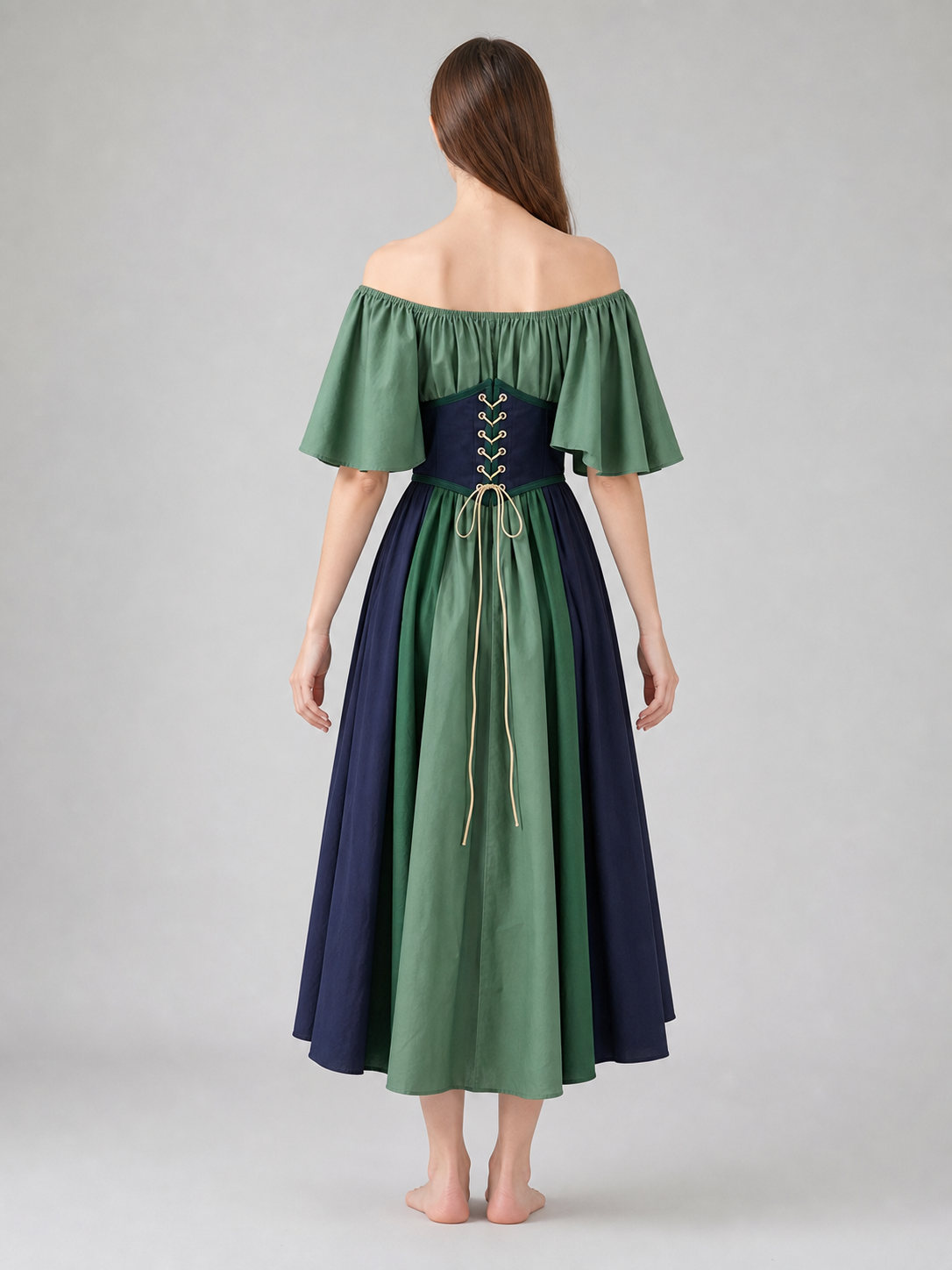 Off-the-Shoulder Dress with Sleeves and Lace-Up Detailing