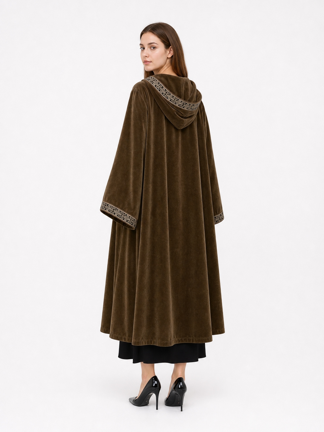 Long Hooded Robe, Brown, Loose Fit back view 3