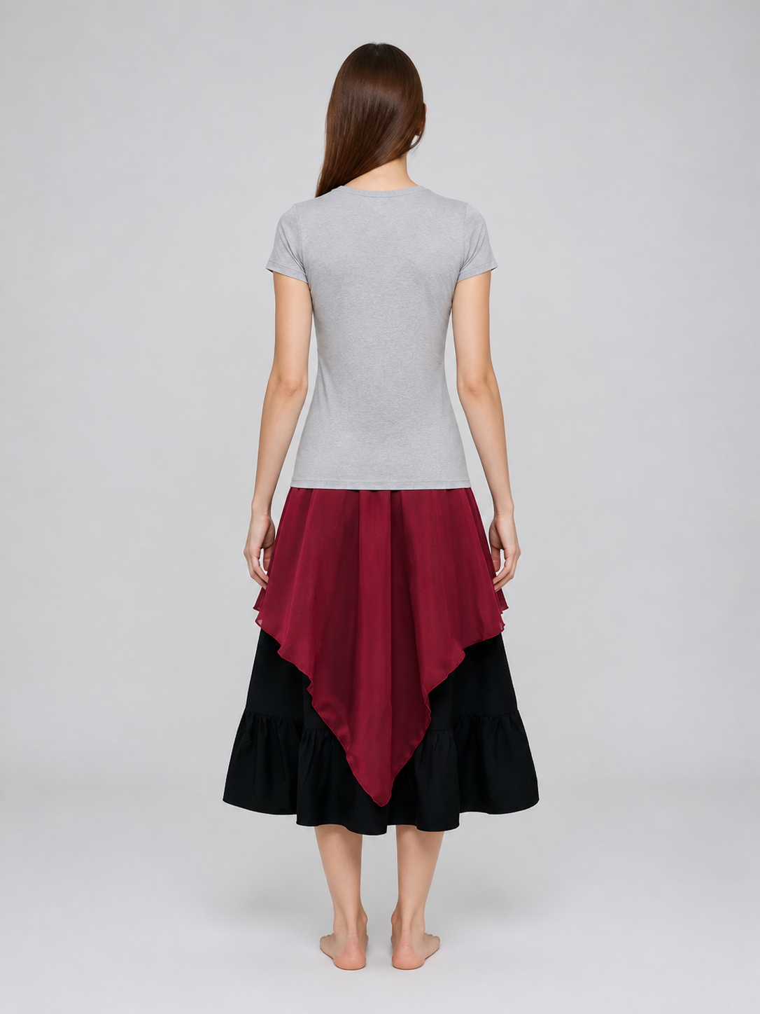 Burgundy and Black Tiered Skirt with an Asymmetrical Hem