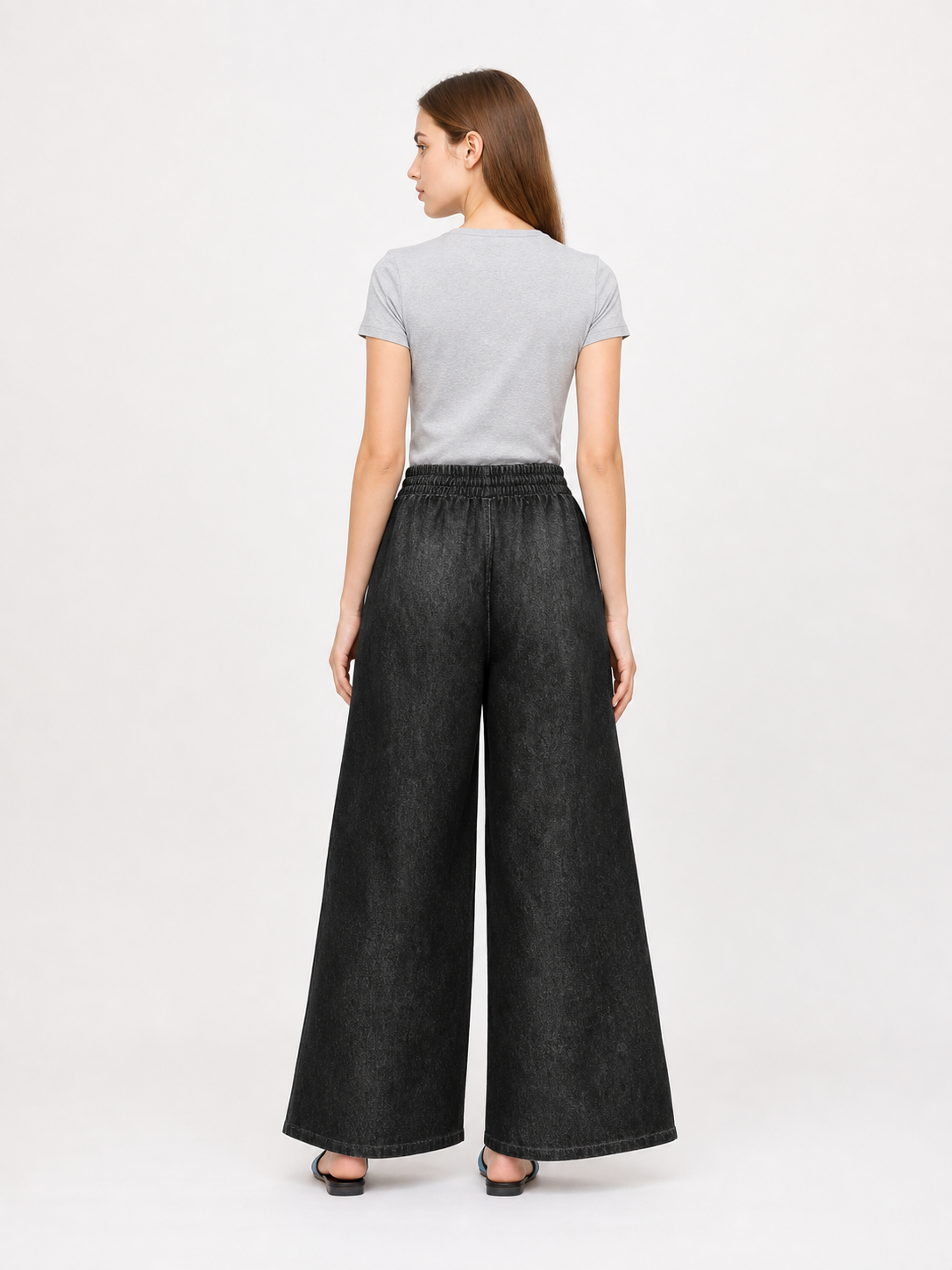 Solid Black Wide-Leg Pants with Elastic Waist and Contrast White Drawstrings back view 2