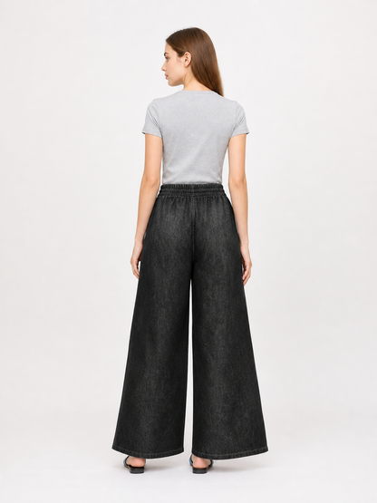 Solid Black Wide-Leg Pants with Elastic Waist and Contrast White Drawstrings back view 2