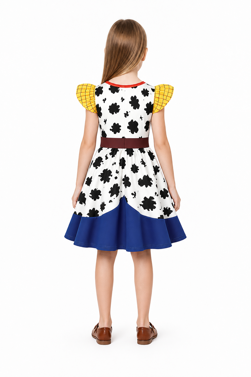 Woody children's dress with cow print and blue skirt back view