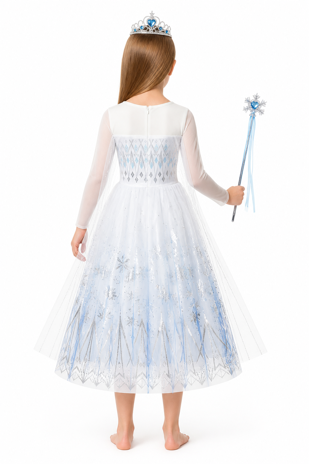 Snow Queen Costume with Crown and Magic Wand back view