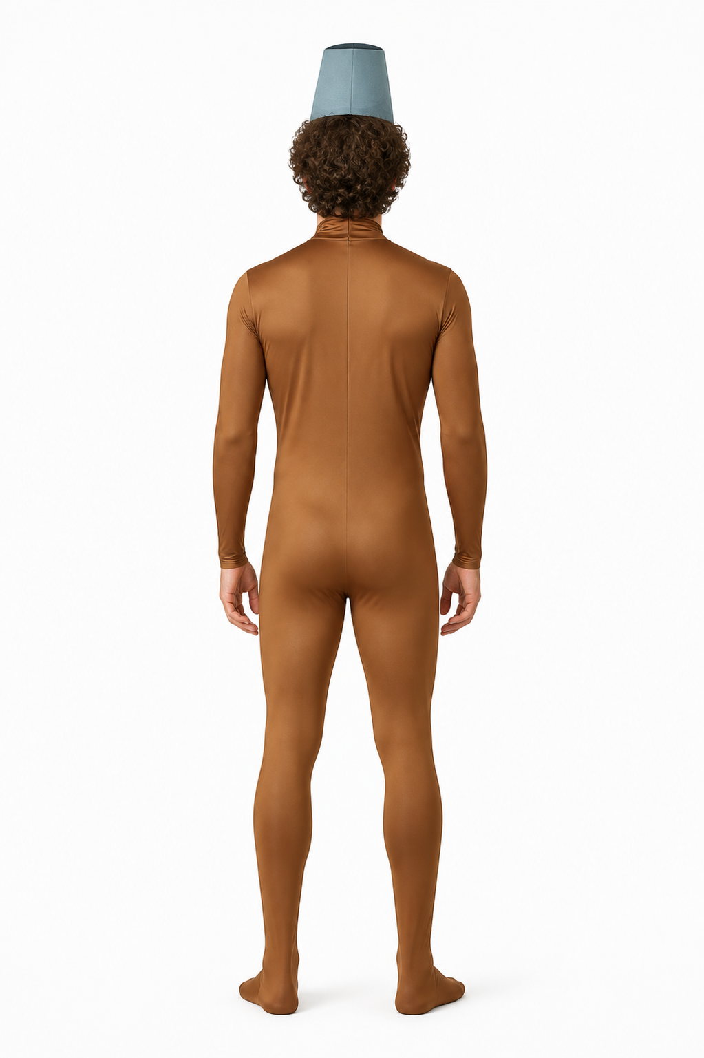 Brown jumpsuit costume with a character face design back view