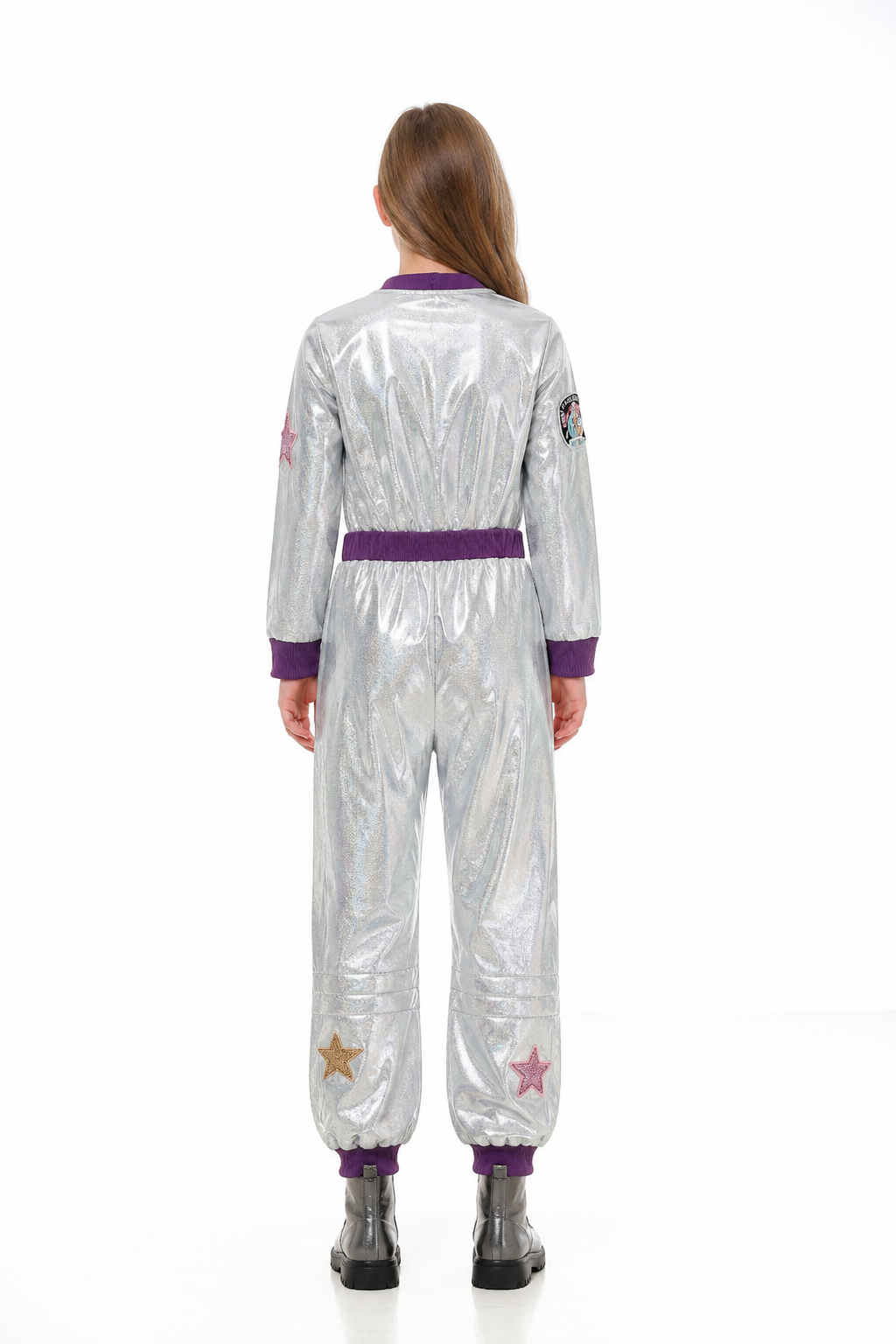 Silver Astronaut Jumpsuit with Stars for Parties back view