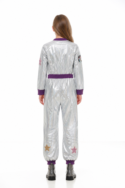 Silver Astronaut Jumpsuit with Stars for Parties back view