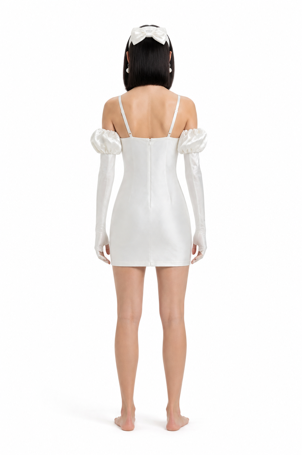 Cosplay Costume White Dress with Bow and Black Wig back view