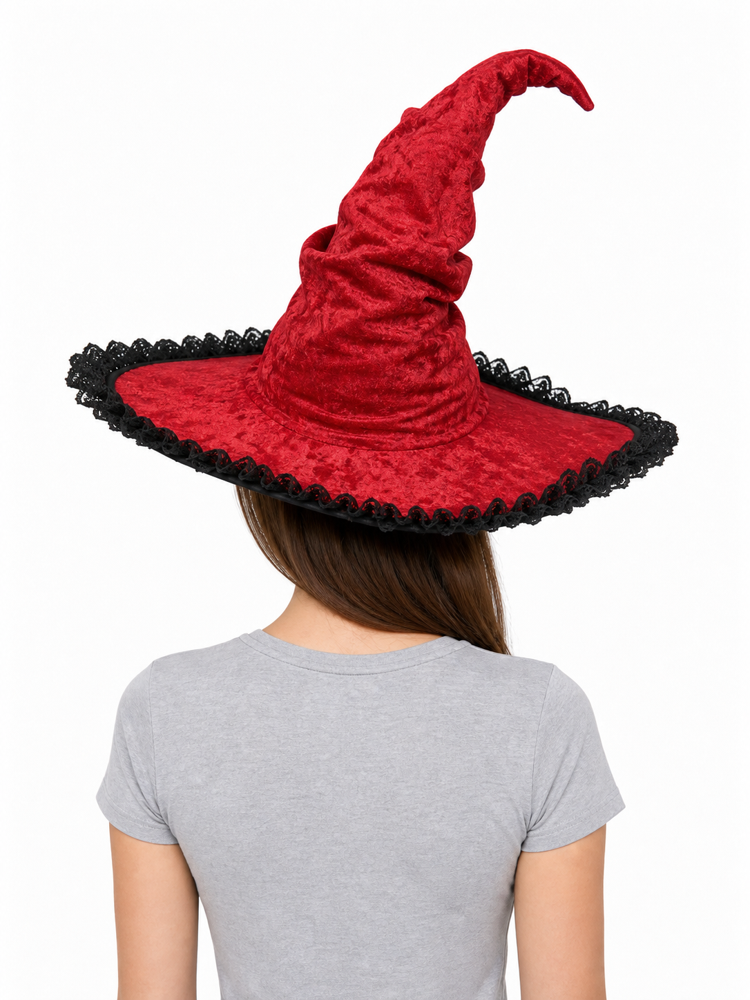 Red and Black Wide Brim Witch Hat, Tall Curved Pointed Top with Black Lace Trim