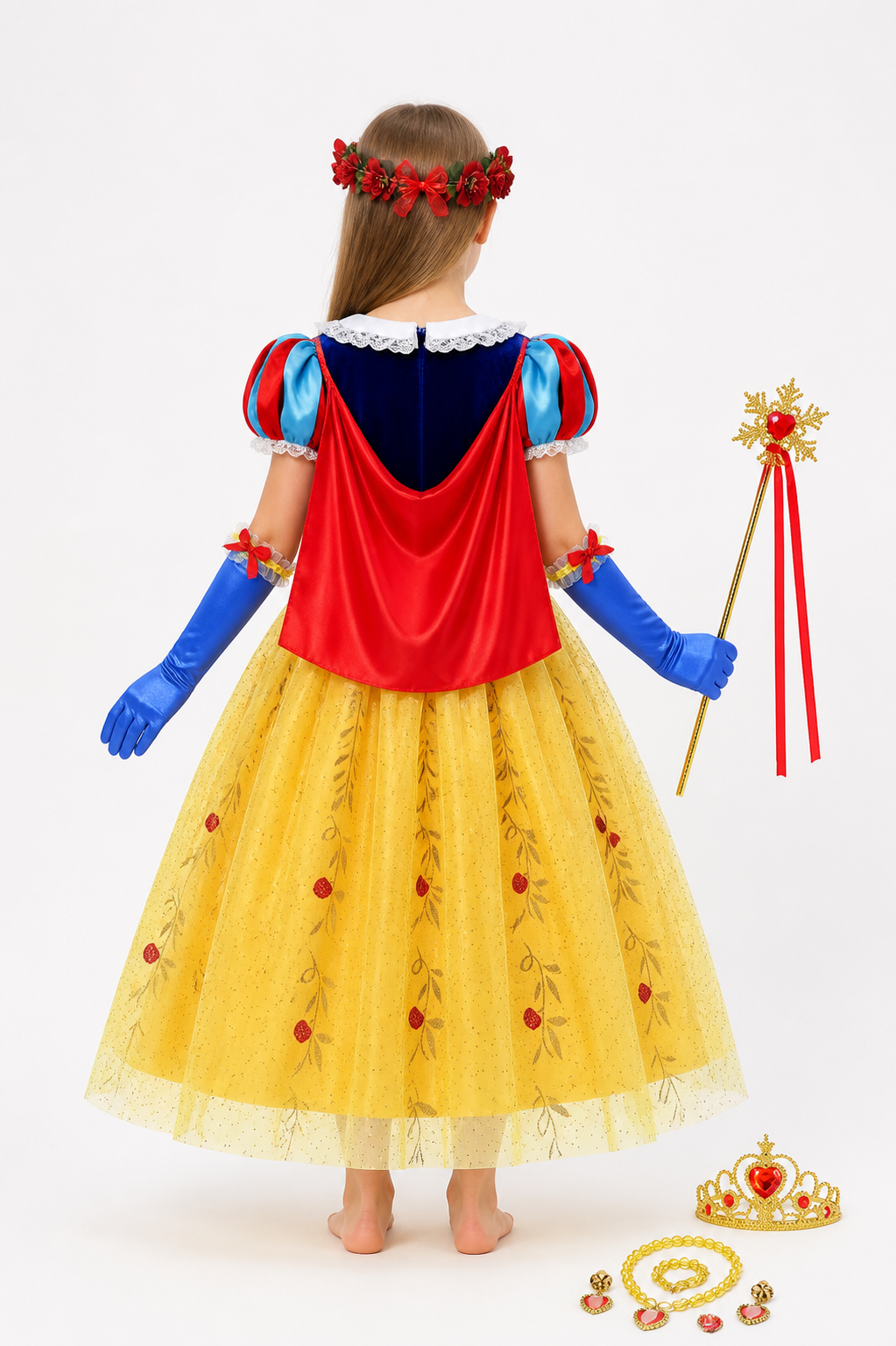 Snow White Costume with Cape and Crown for Parties back view