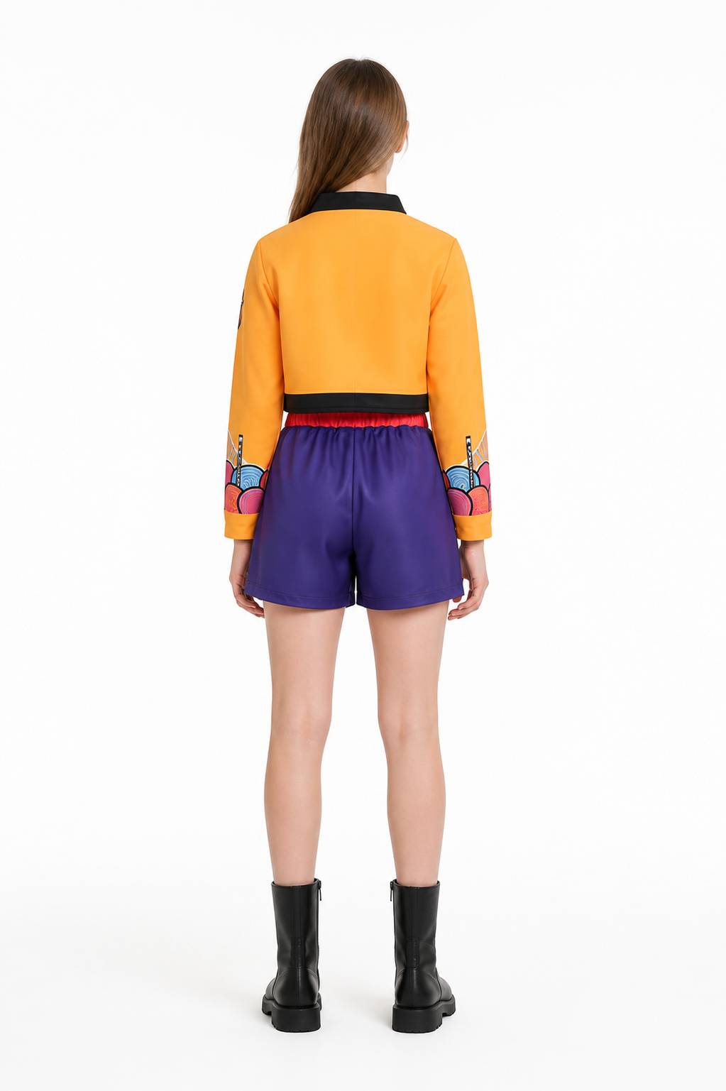 Children's set with an orange jacket and purple shorts back view
