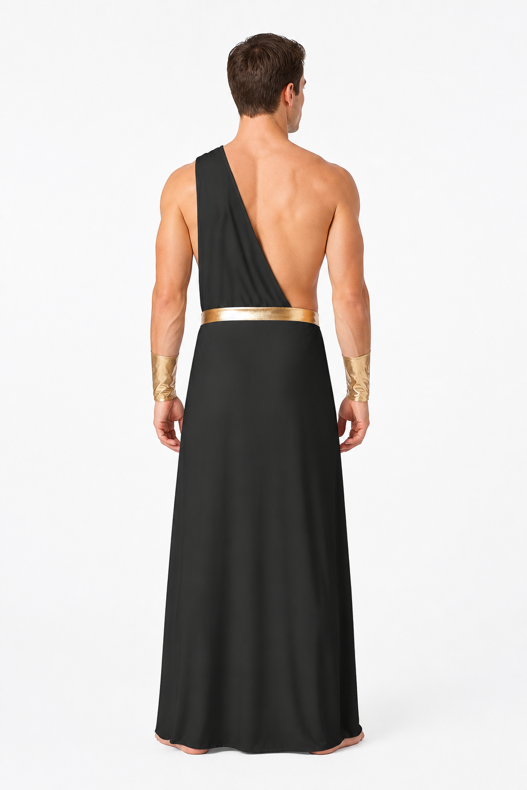 Long Black One-Shoulder Toga with Gold Belt back view