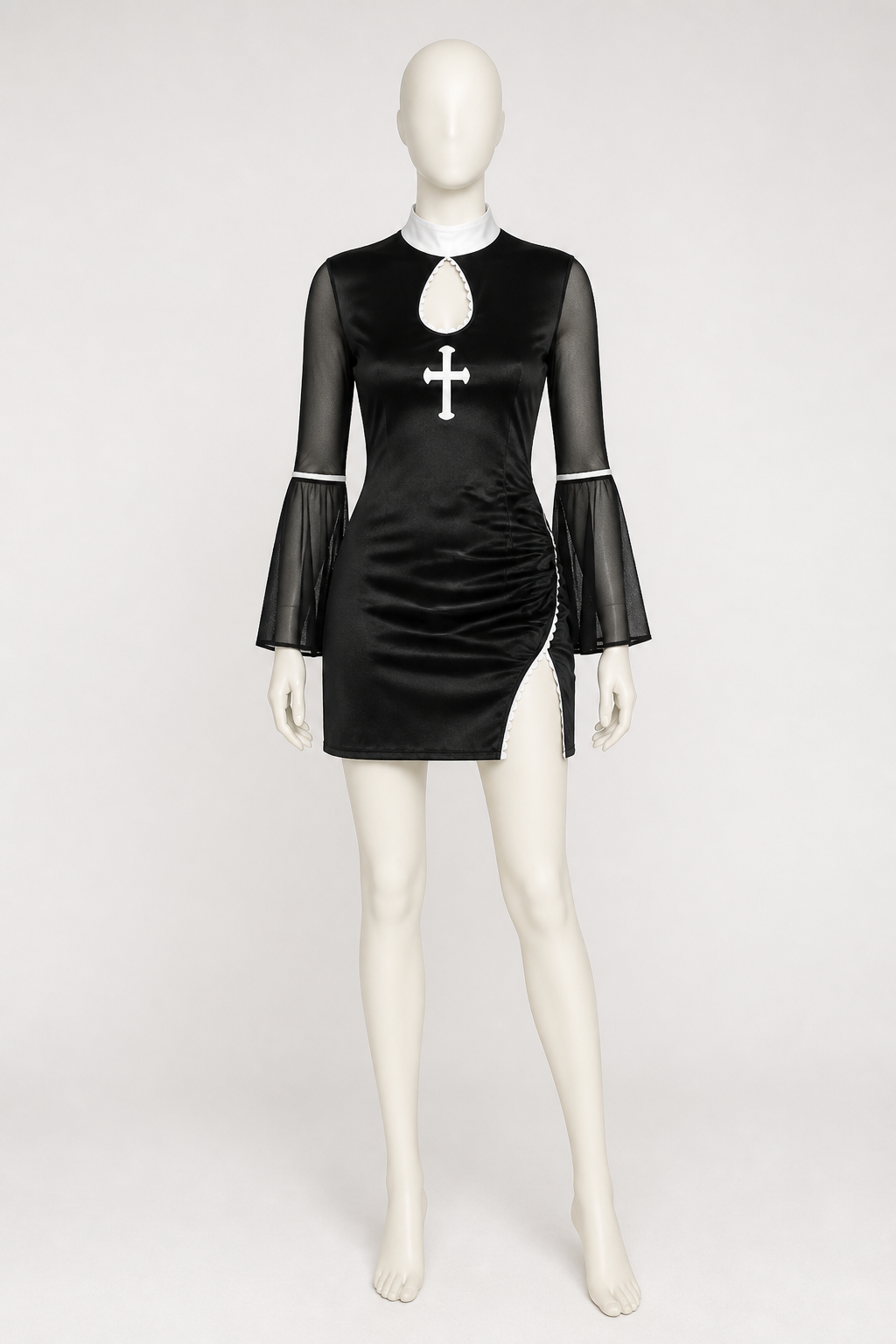 Black Nun Costume Dress with White Cross and Lace back view