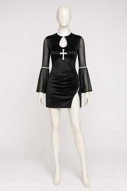 Black Nun Costume Dress with White Cross and Lace back view