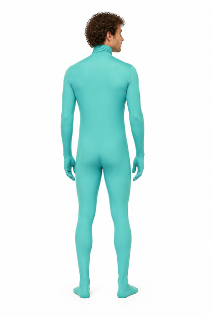 Turquoise Zentai Costume with Hood and Open Face back view