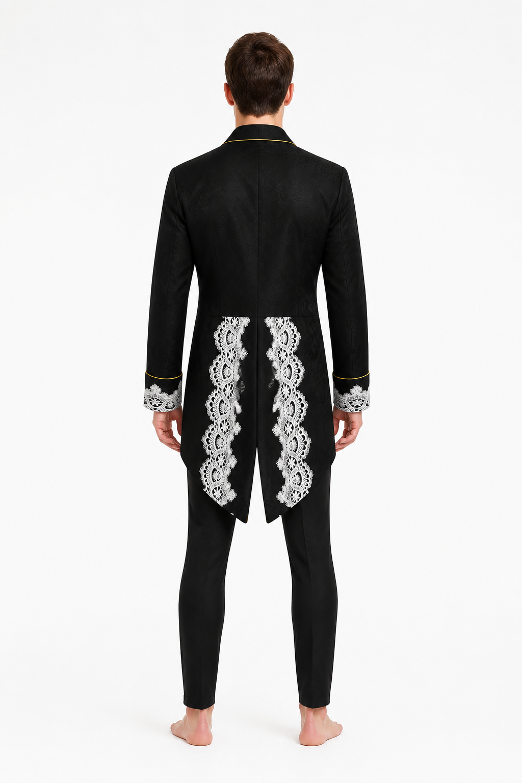 Longline tailcoat with lace and gold buttons