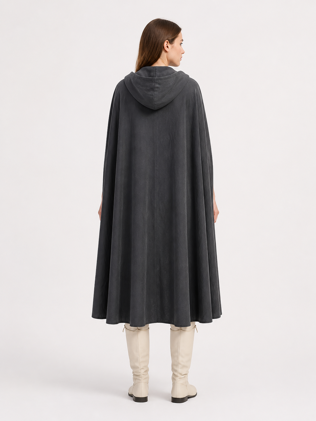 Adult Fantasy Hooded Cape, Long Dark Gray Cloak With Front Tie Closure, Wide back view