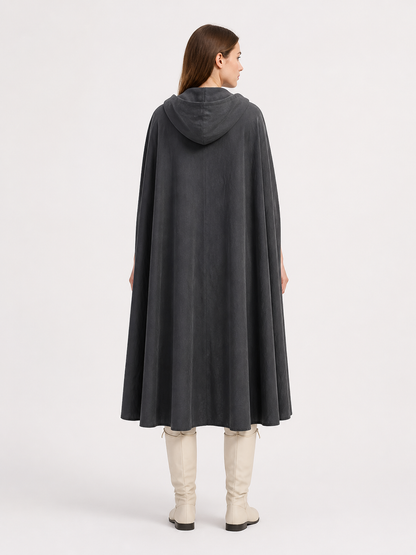 Adult Fantasy Hooded Cape, Long Dark Gray Cloak With Front Tie Closure, Wide back view