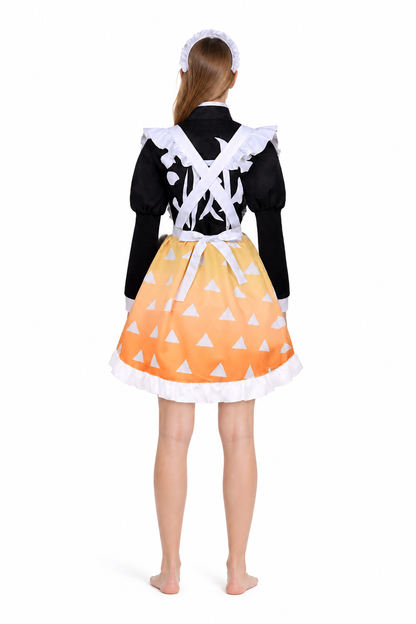 Black cosplay dress with a white apron and orange skirt back view