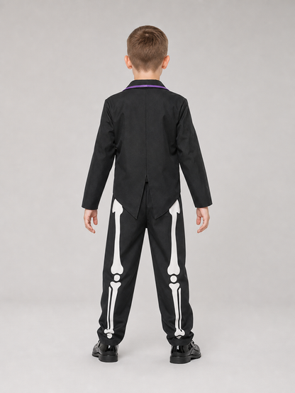 This skeleton costume is designed in the Mexican style of the Day of the Dead celebration. The outfit includes a black jacket with purple trim and floral decorations, a red vest-style front panel with decorative buttons, a red bow tie, blac