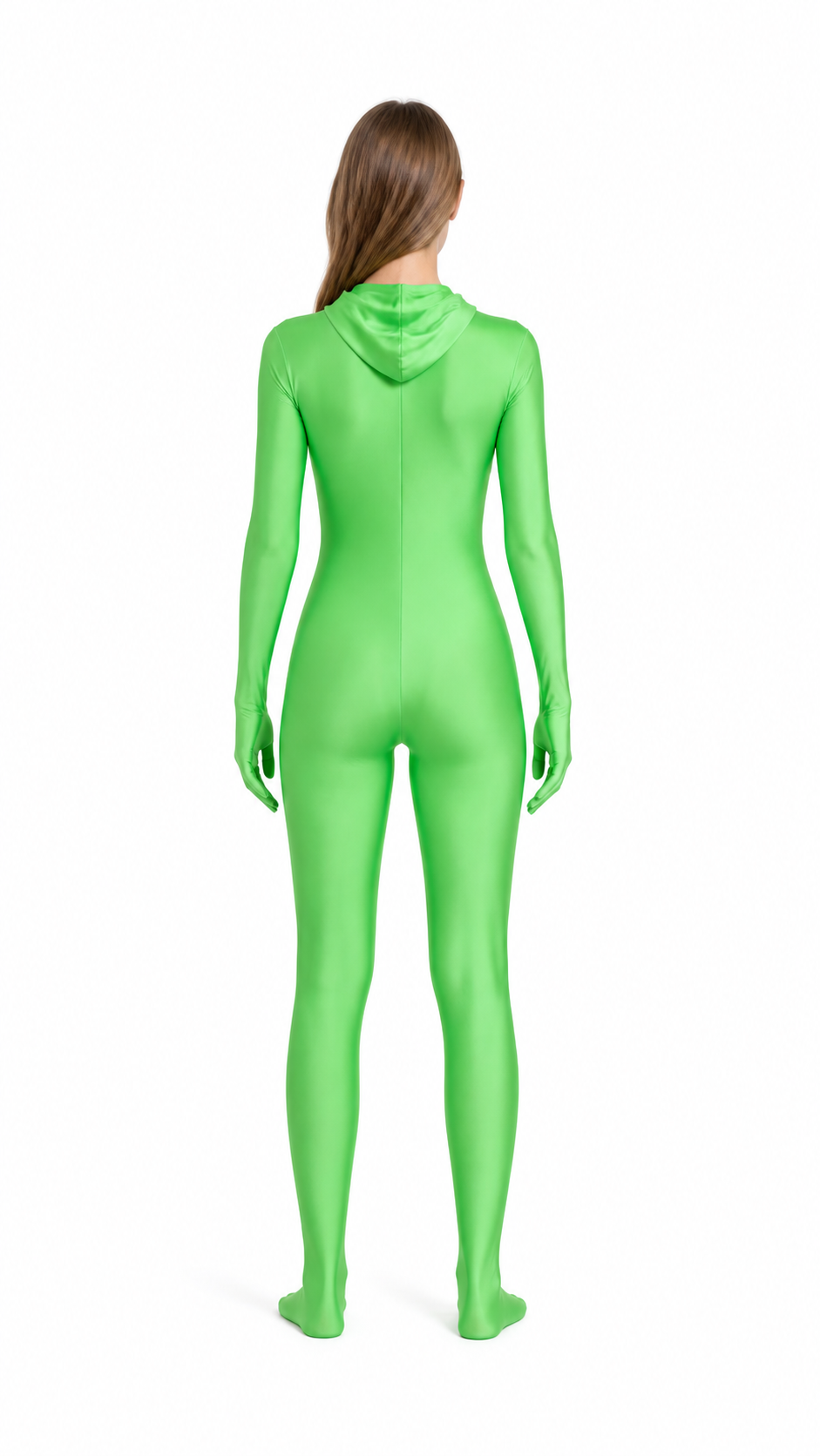 Green Tight-Fitting One-Piece Bodysuit with Attached Hood back view