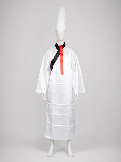 Zombie Costume with Long White Robe and Tall Hat back view