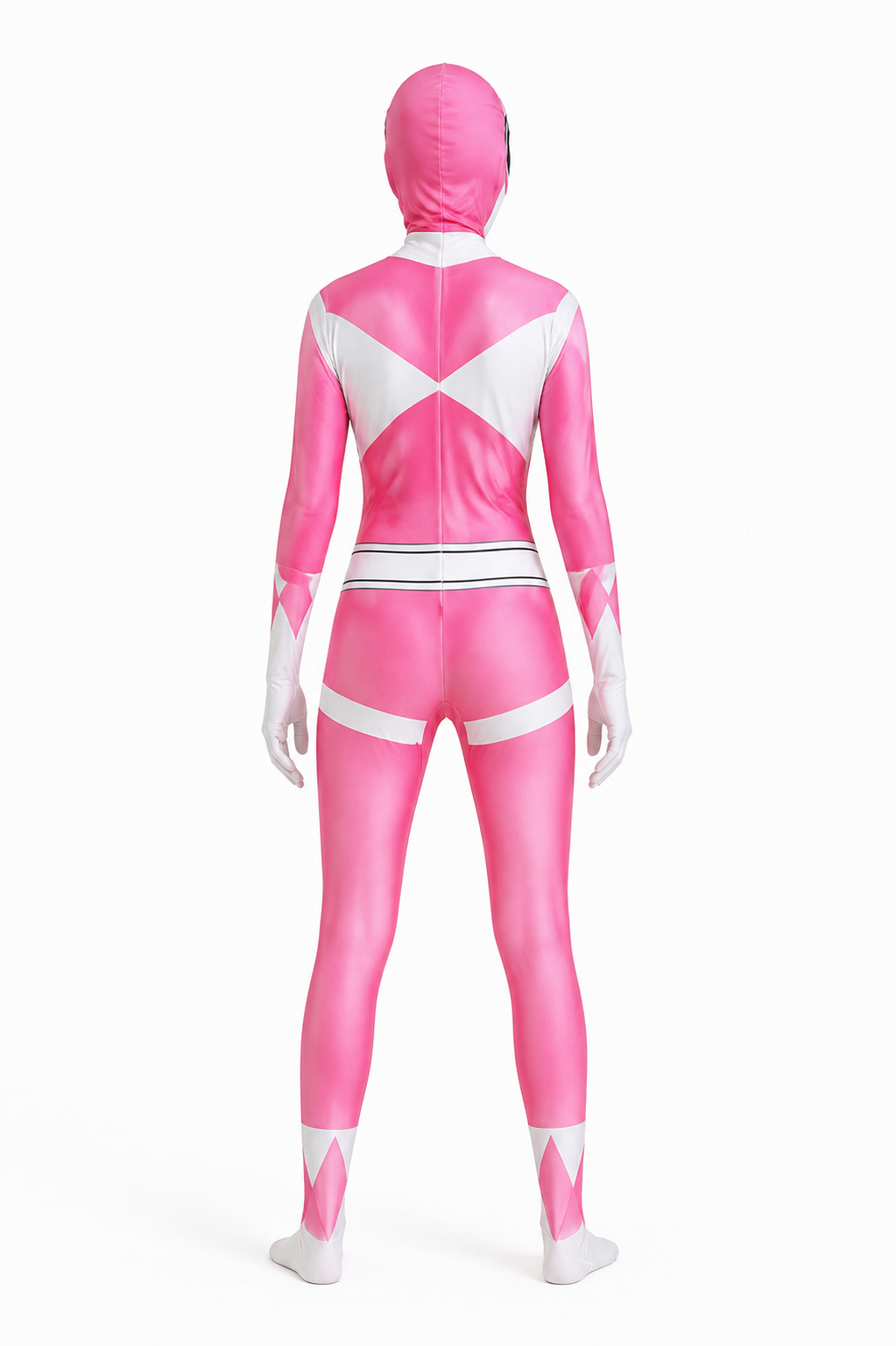 Superhero bodysuit with mask and white-and-pink diamond back view