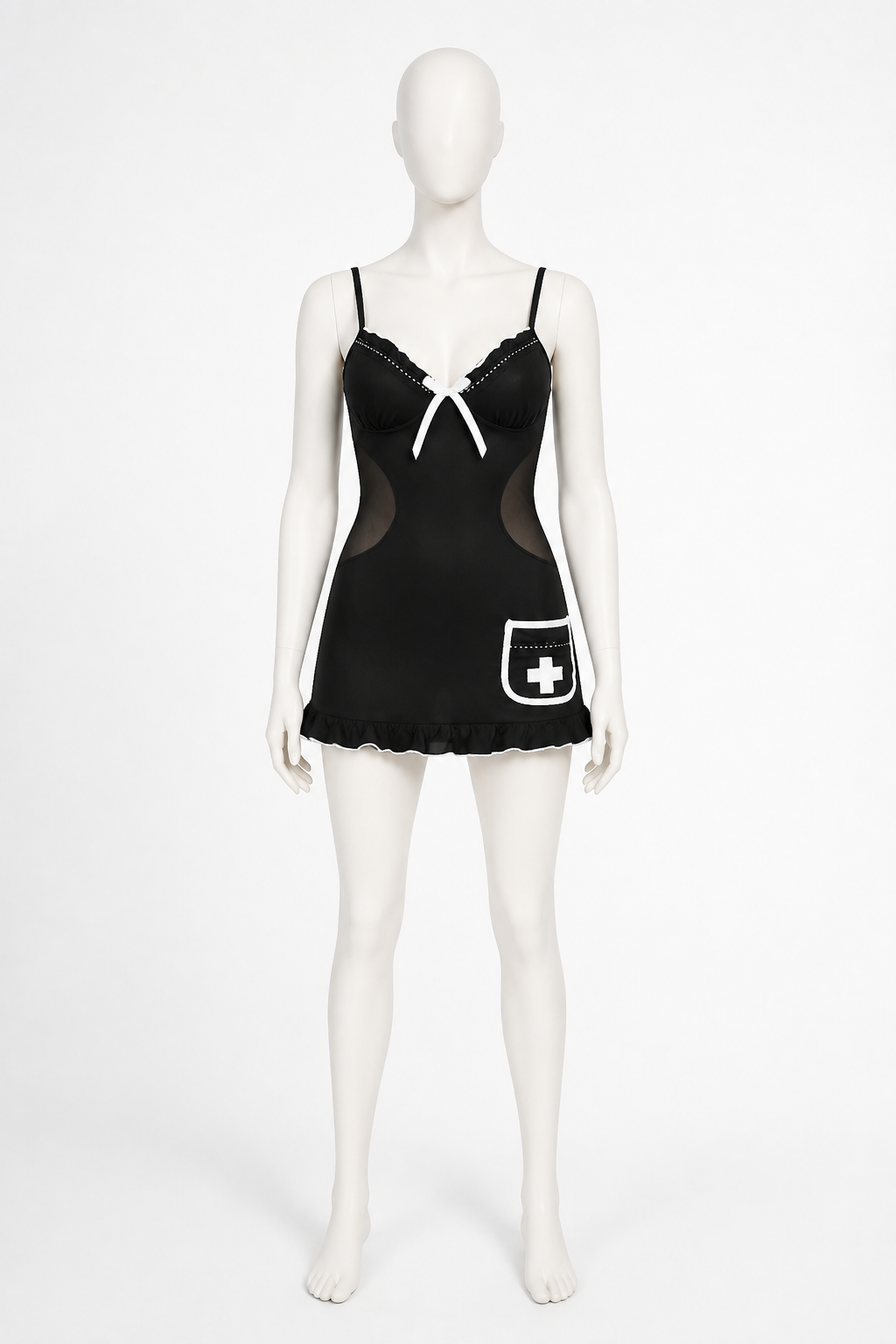 Short nurse costume with a bow and mesh panels on the sides back view