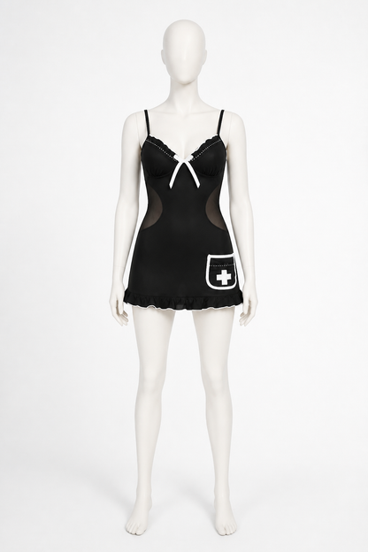 Short nurse costume with a bow and mesh panels on the sides back view