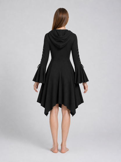 Gothic Hooded Dress with an Asymmetrical Hem