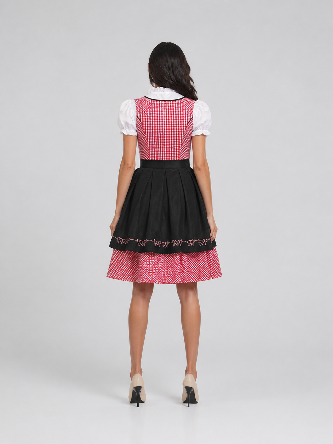 Plaid Dress with Apron-Style Panel and Puff Sleeves back view