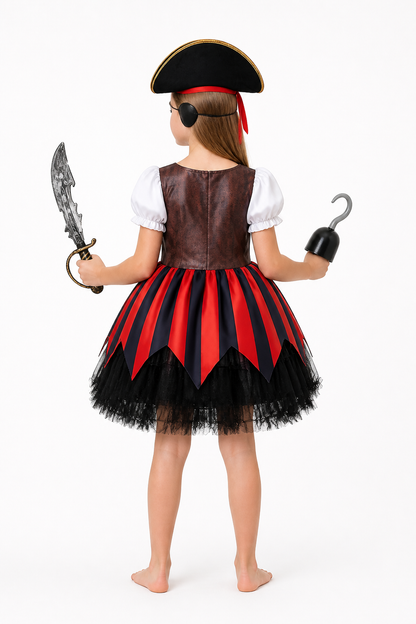 Pirate Costume with Red-and-Black Dress and Hat back view