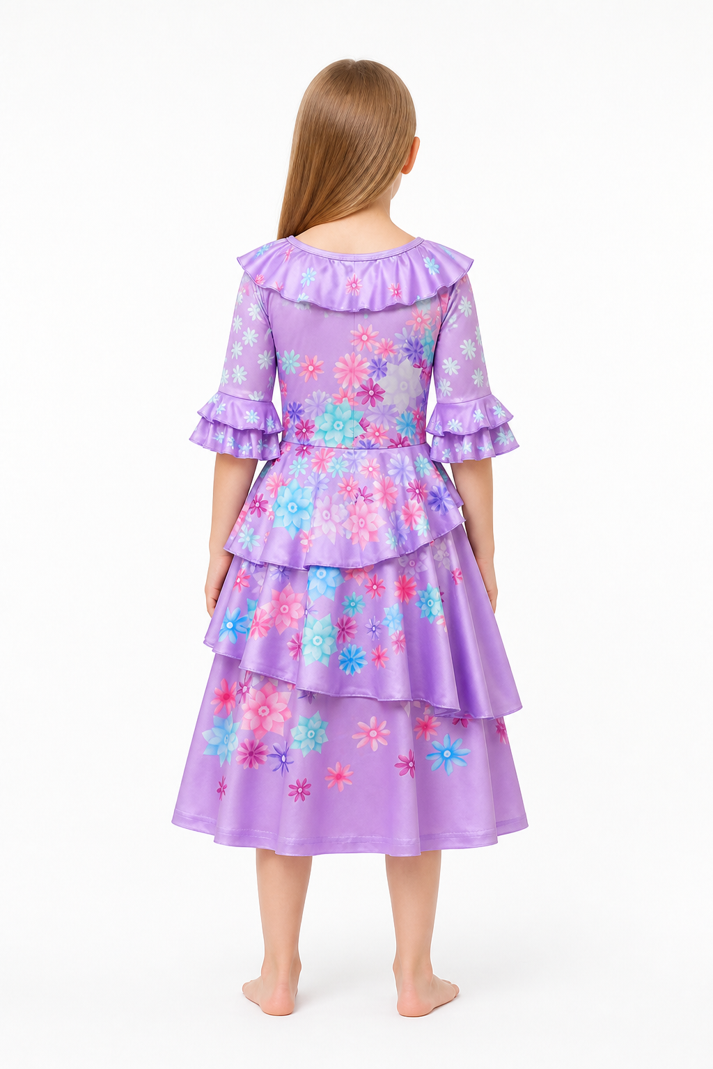 Children's Carnival Dress with Floral Print and Ruffles back view