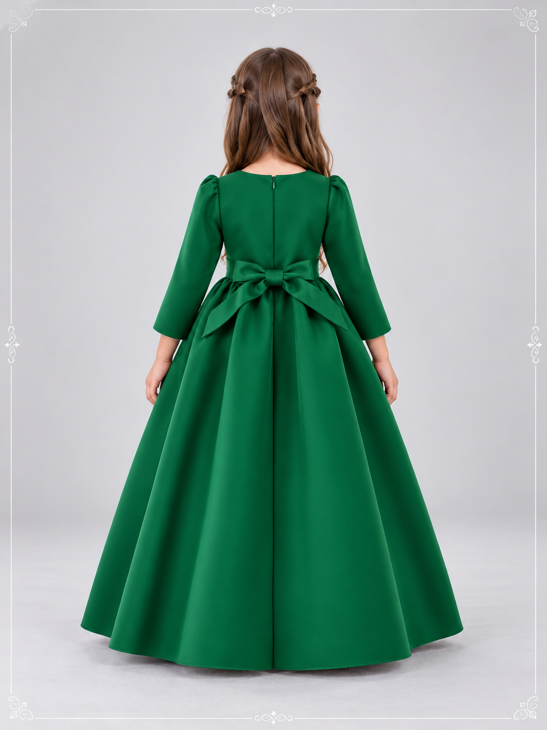 Dark Green Floor-Length Formal Dress for Girls with Bow