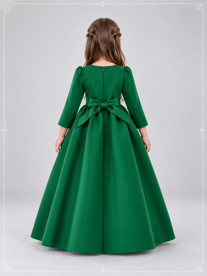 Dark Green Floor-Length Formal Dress for Girls with Bow