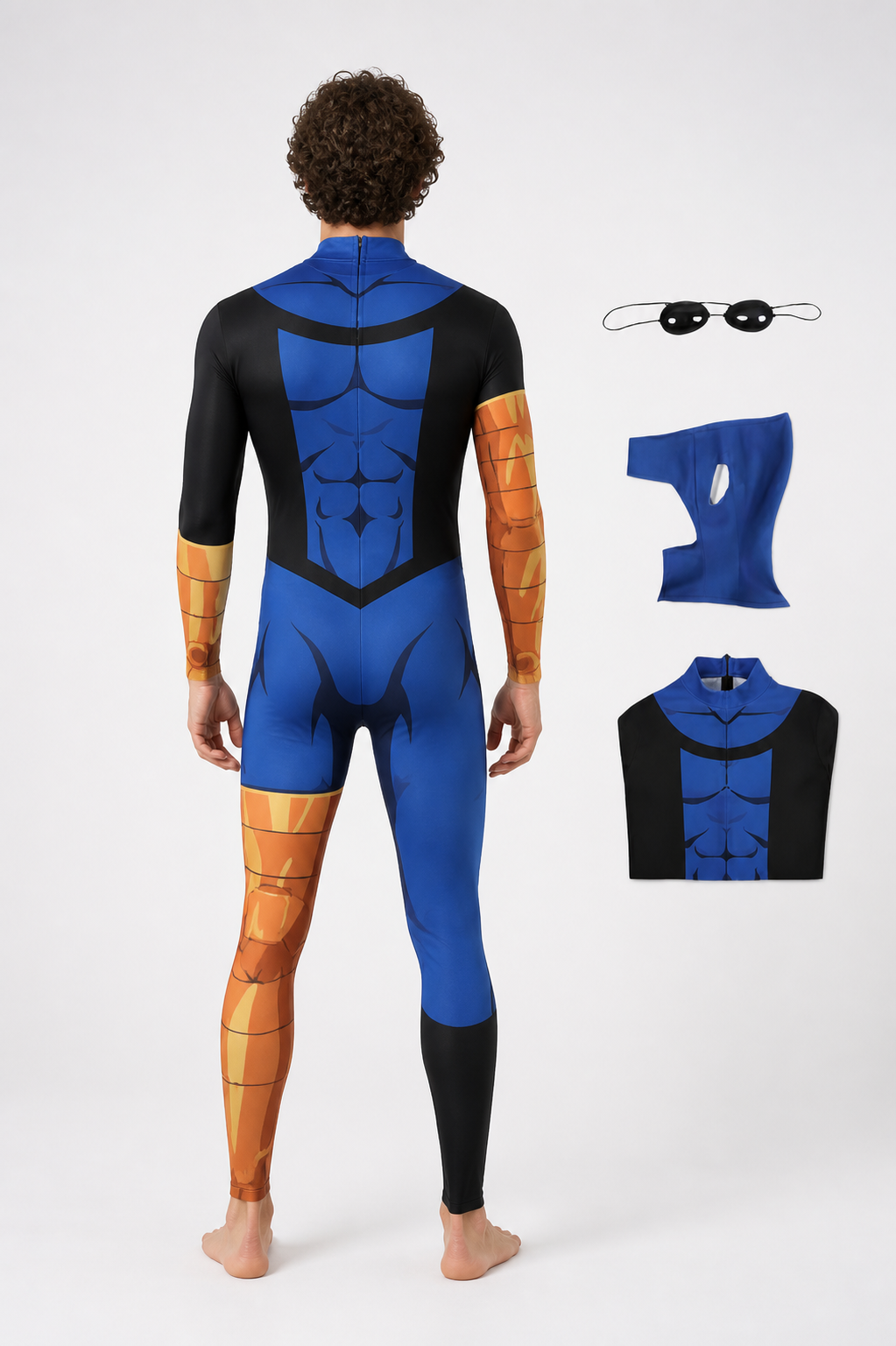 Blue and Black Superhero Jumpsuit with Muscle Print back view