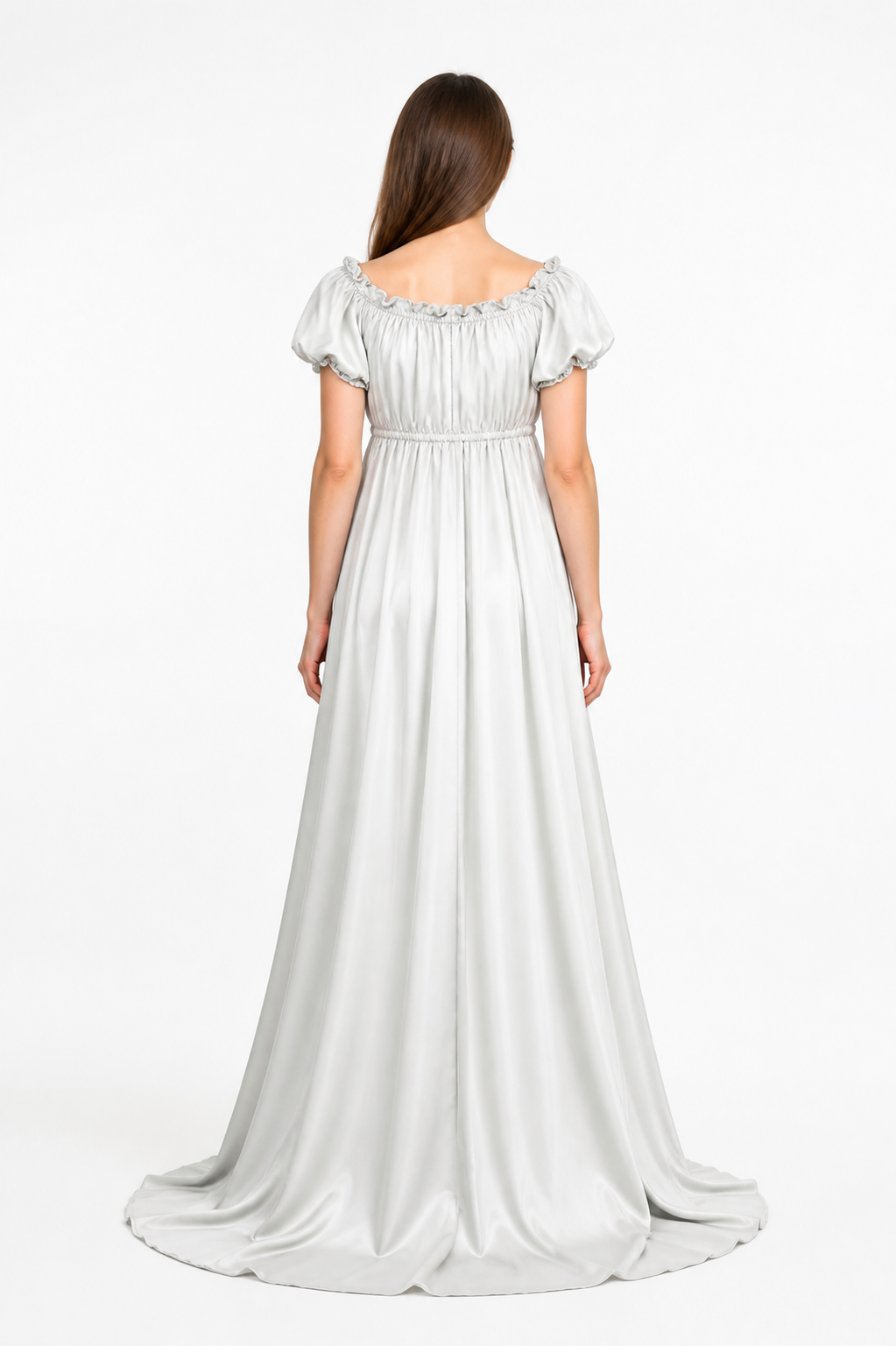 White Bridgerton-Style Floor-Length Dress with a Full Skirt back view