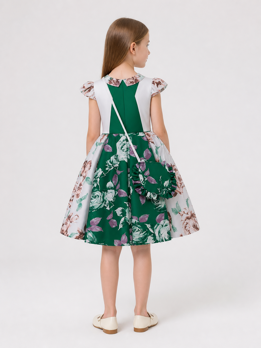 Dark Green Dress: Flutter Sleeves, Full Skirt back view