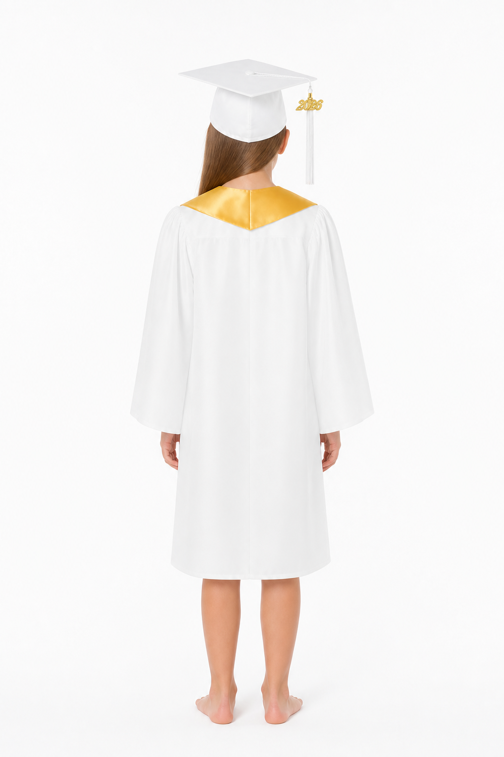 Graduation set with white gown, cap, and stole back view