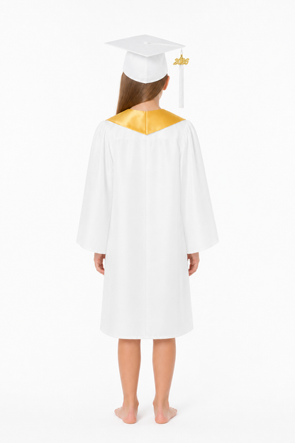 Graduation set with white gown, cap, and stole back view