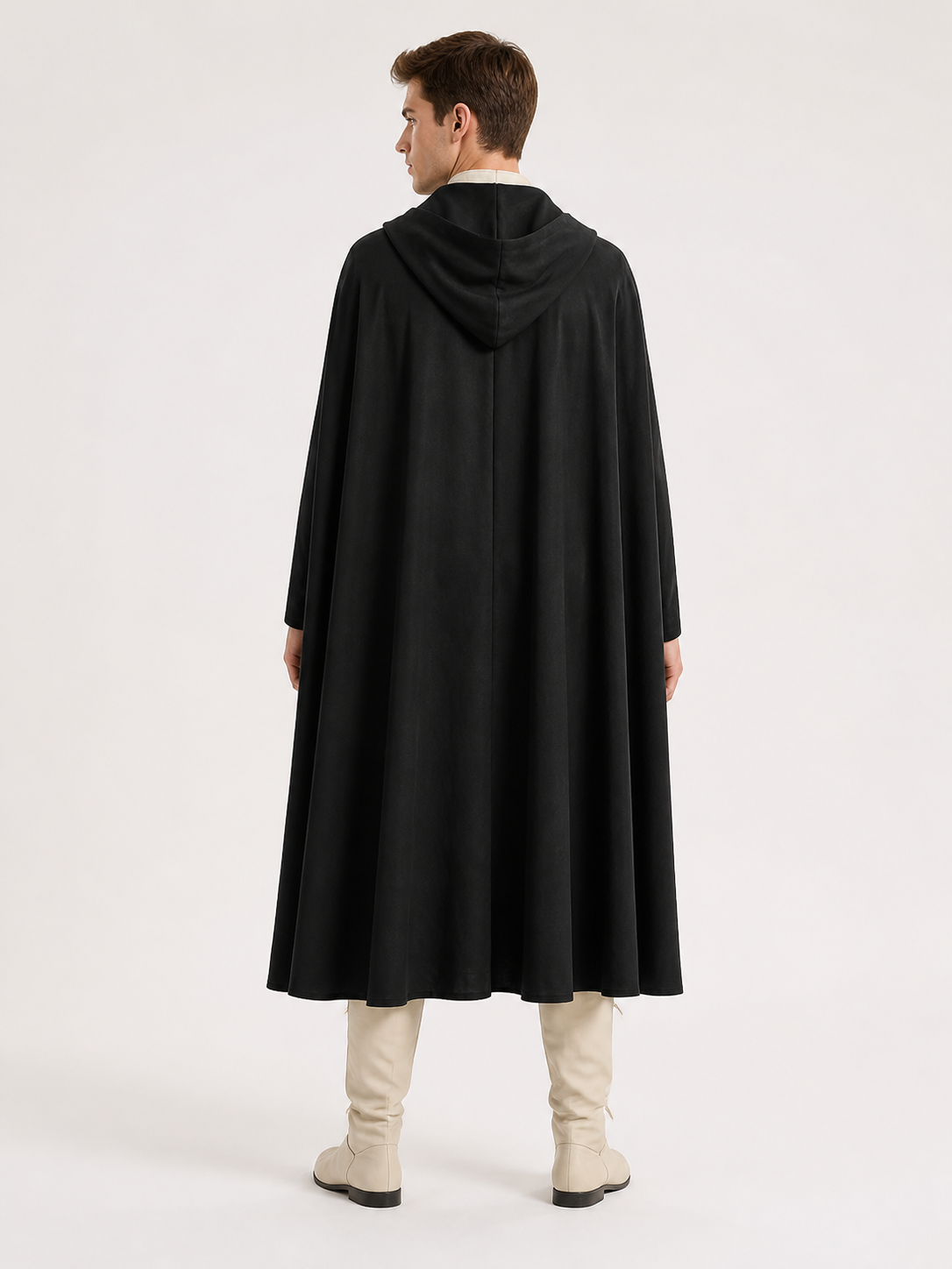 Black Long Hooded Cotton-Linen Cloak back view 2